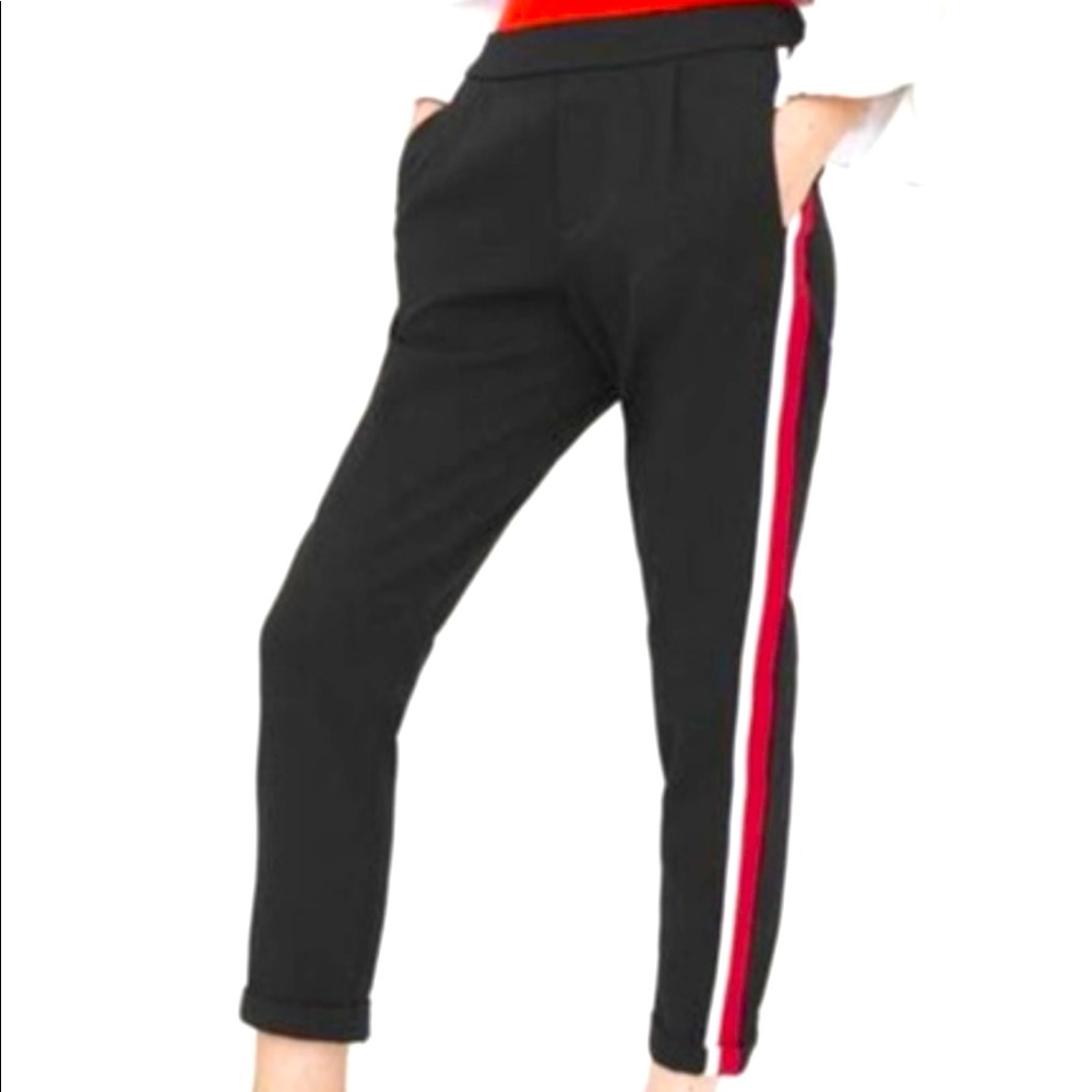ZARA Black Track Pants with Red & White Side Stripes